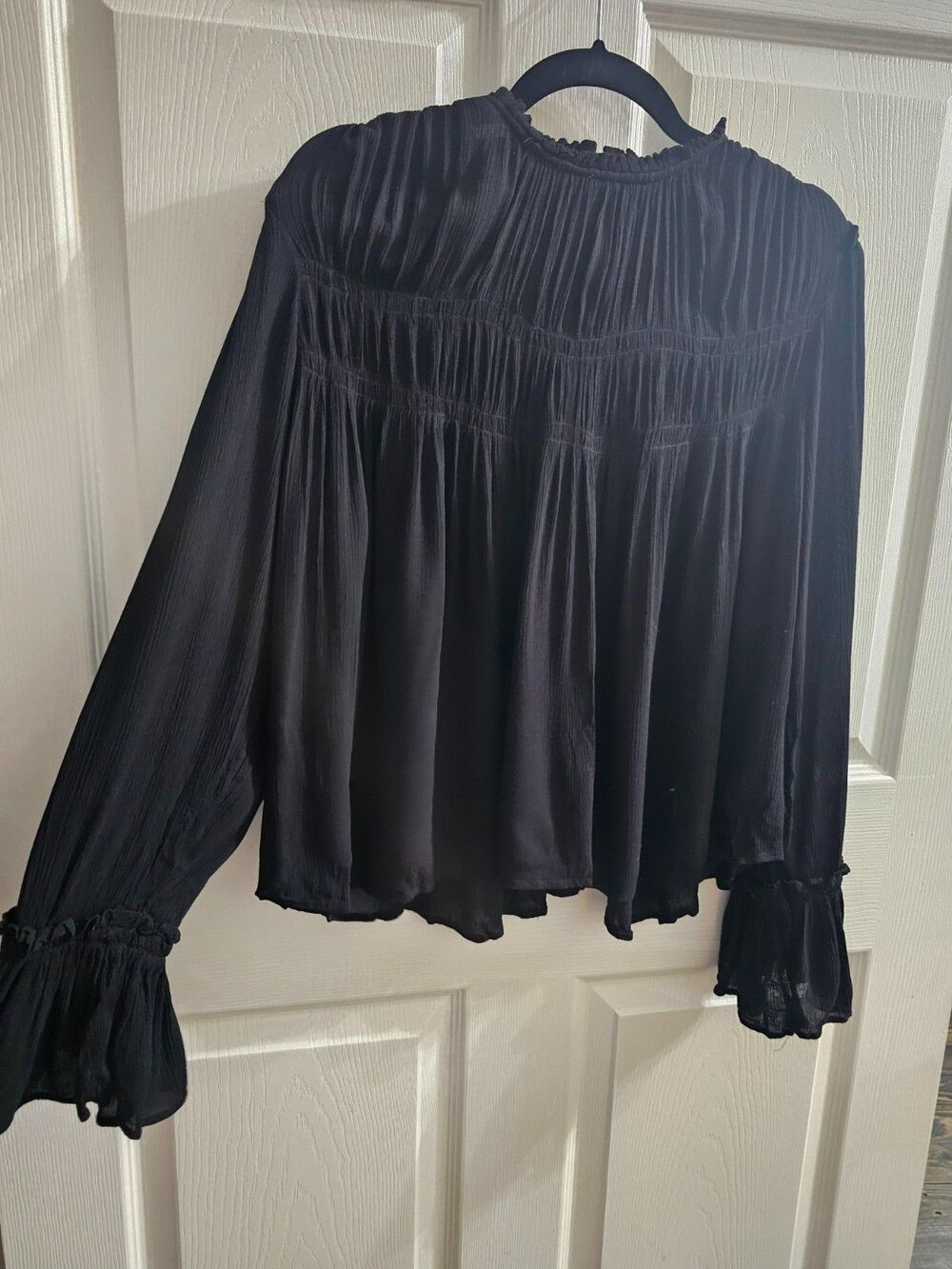 Free People Blouse Top Medium Black Kelsey Smocked Bell Sleeve Pleated Ruffled